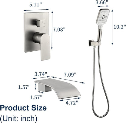 Tub Filler Faucet with Hand Shower Bath Tub Faucets with Rough-in Valve Trim Kit Wall Mounted Waterfall Bathtub Faucets Brushed Nickel - Image 6