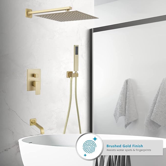 Brushed Gold Rain Shower System Tub Shower Faucet Set 12 Inch Square Rainfall Shower Head with Handheld Sprayer and Tub Spout Rough-in Valve Shower Mixer Combo Kit - Image 2