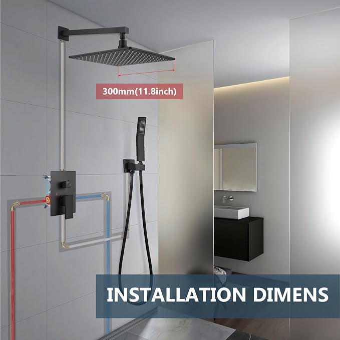 Aolemi Shower Faucet Set with Handheld Spray High Pressure Shower System Shower Faucets Sets Complete Rough-in Valve and Shower Trim Kit Wall Mount Rainfall 12 Inch LED Shower Head Matte Black - Image 9
