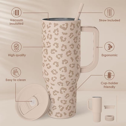 SANDJEST Leopard Tumbler with Handle, Insulated Cup Stainless Steel Travel Mug Cup, Gifts for Women Girl on Birthday Christmas, Tan Leopard, 40oz - Image 2