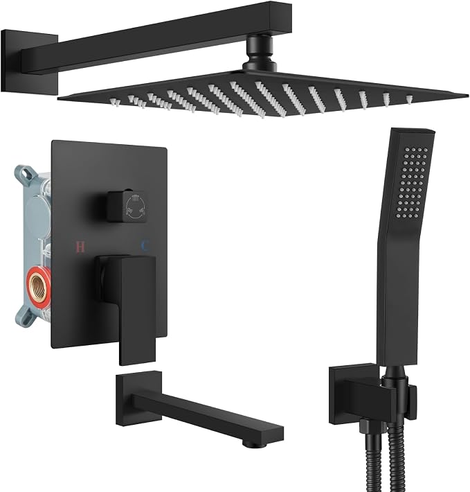 gotonovo Shower System with Tub Spout Wall Mounted Rain Shower Head and Handle Combo Shower Faucet Set with Valve, 10 Inch, Matte Black by HOME