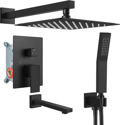 gotonovo Shower System with Tub Spout Wall Mounted Rain Shower Head and Handle Combo Shower Faucet Set with Valve, 10 Inch, Matte Black by HOME