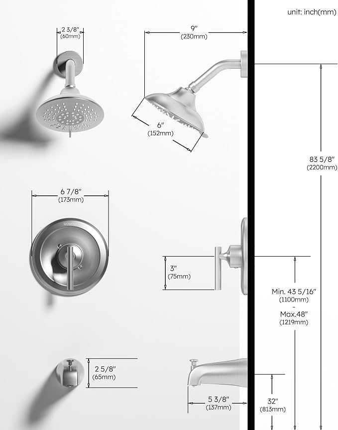 WOWOW Brushed Nickel Shower Tub Kit Brass Shower Faucet Set with Tub Spout and 6-Inch Rain Shower Head, Single Handle Tub and Shower Trim Kit, Shower Valve Include - Image 6