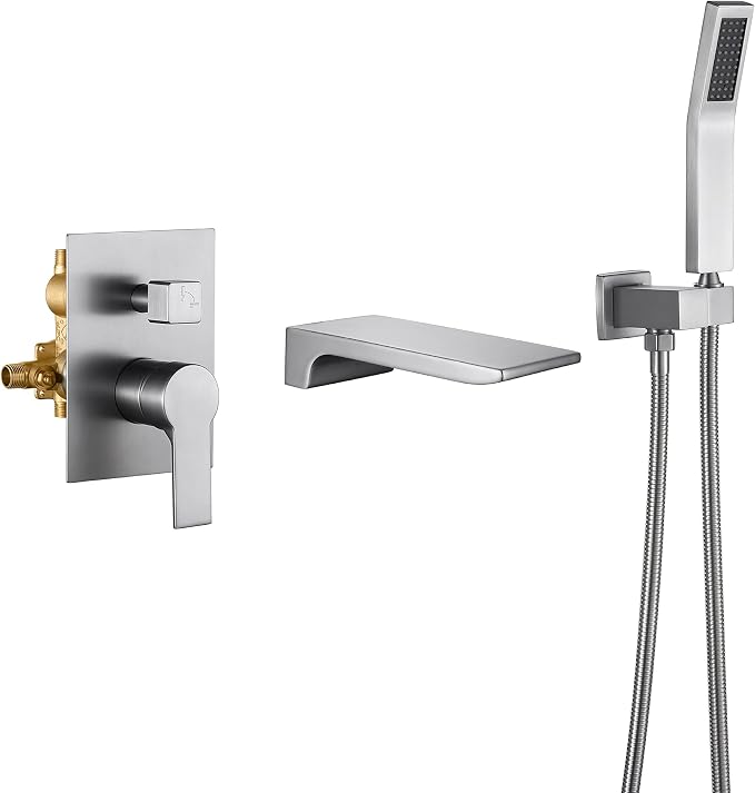SHAMANDA Waterfall Wall Mounted Bathtub Faucet with Hand Shower, Bathroom Single Handle Tub Faucet Modern Brass Tub Shower Faucet Set(Including Rough-In Valve Body and Trim), Brushed Nickel, L901-2 by SHAMANDA