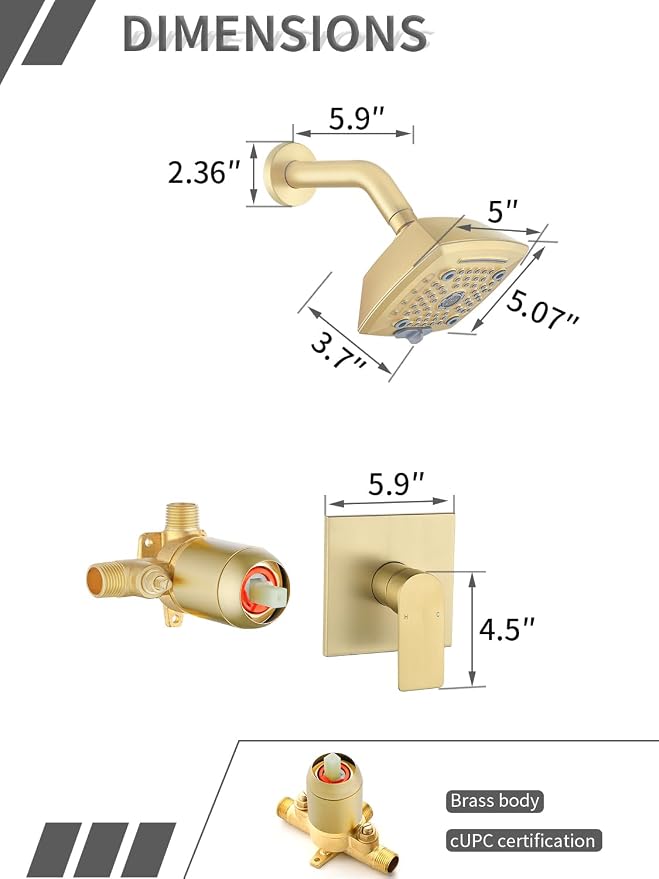 Brushed Gold Shower Faucet Set 6 Setting Shower Head 5 Inch Shower Trim Kit Modern shower valve kit High Pressure Shower Fixtures Shower System - Image 6
