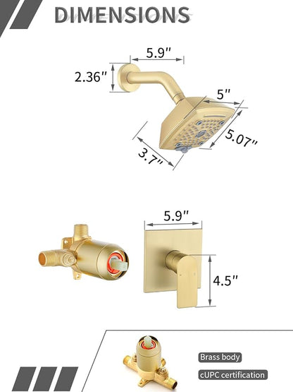 Brushed Gold Shower Faucet Set 6 Setting Shower Head 5 Inch Shower Trim Kit Modern shower valve kit High Pressure Shower Fixtures Shower System - Image 6