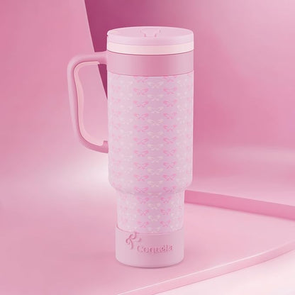 40 oz Insulated Tumbler with Handle and Push-Button Straw Lid, Stainless Steel Travel Cup for Gym Office, Leakproof, BPA-Free, Cup Holder Friendly, Bow Silicone Boot, Pink (Coquette Candy) - Image 2