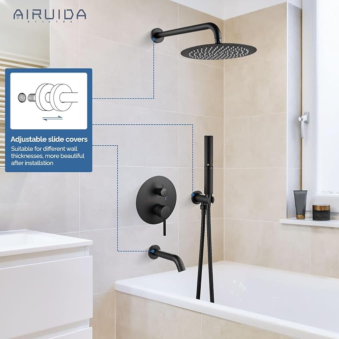 Airuida 3-Function Rain Shower System Set – Wall Mount Tub Shower Combo with Handheld Shower and Tub Spout,12 Inch Shower Head,Matte Black - Image 2
