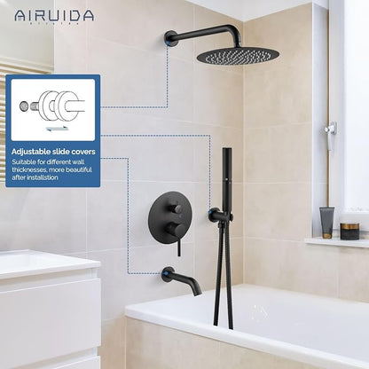 Airuida 3-Function Rain Shower System Set – Wall Mount Tub Shower Combo with Handheld Shower and Tub Spout,12 Inch Shower Head,Matte Black - Image 2