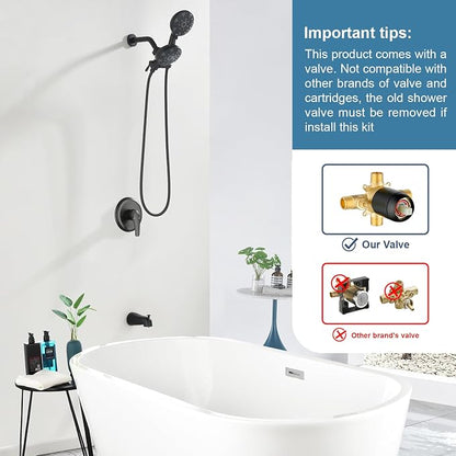 Tub and Shower Faucet Set Complete Dual Shower Head and Handheld 2 in 1 Combo Set Shower System with Tub Spout Tub and Shower Trim Kit Matte Black - Image 2