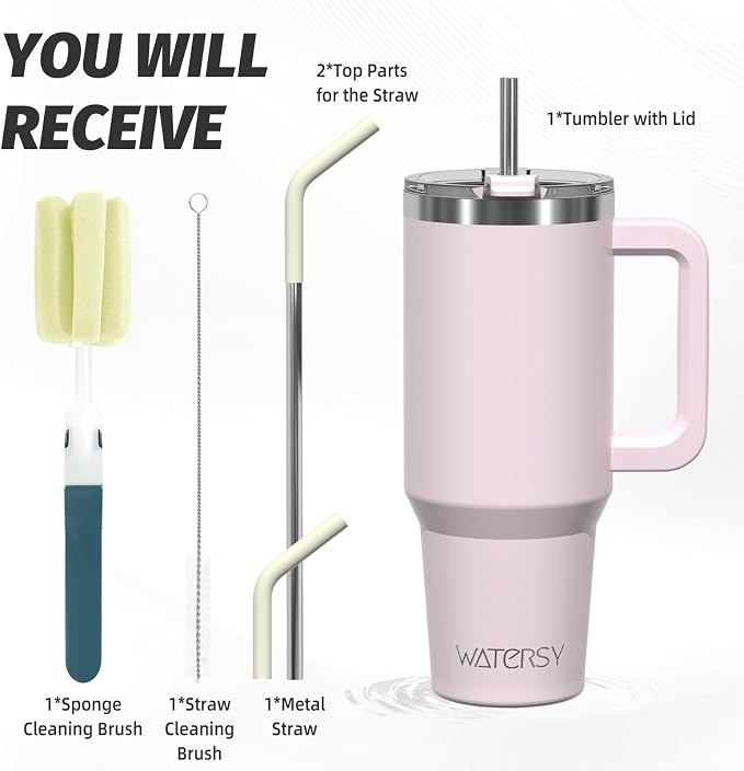 40 oz Tumbler with Handle,Tumbler with Lid and Straw,Double Wall Insulated Cup Stainless Steel Travel Mug(Cold for 34 Hours),Water Bottle for Iced Tea,Coffee,Cold Beverages(Rose Quartz) - Image 3