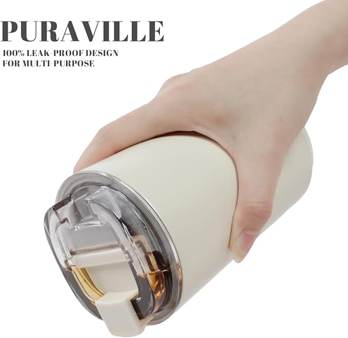 Puraville Insulated Tumblers with Lid, 14 oz Travel Coffee Mug Stainless Steel Vacuum Cup, Leak Proof Reusable Double Walled Coffee Tumbler for Iced and Hot Drinks, Cream - Image 5