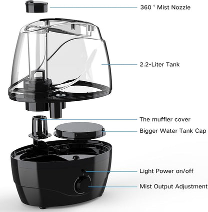 Humidifiers for Bedroom and Large Room, 2.2L Cool Mist Humidifier for Baby, 30 Hours with Whisper-Quiet Operation, Adjustable 360° Rotation Nozzle, Night Light Function, BPA Free - Image 7