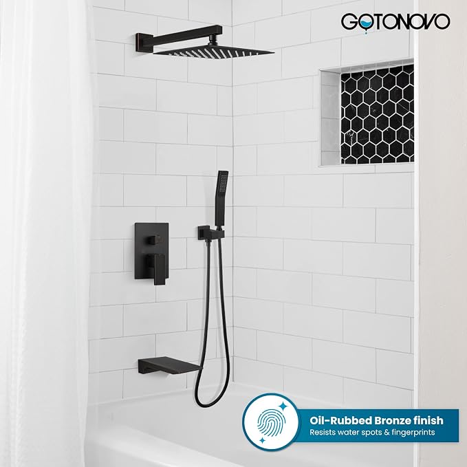 gotonovo Shower System with Tub Spout,Waterfall Tub Shower Faucet Set for Bathroom Head and Handle Set Wall Mounted 3 Function Rough-in Valve and Trim Included 12 inch Shower Head Oil Rubbed Bronze - Image 9