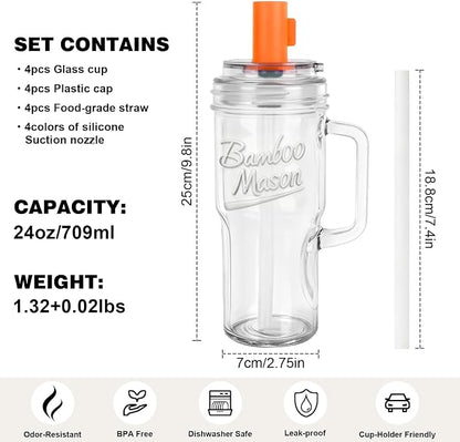 ANOTION Bamboo Mason Leakproof Mason Jar Cups with Lids and Straws, Cap Cup 24oz Glass Tumbler with Handle, Rotating Lid Silicone Straw, Reusable Iced Coffee Matcha Cup Coffee Gifts for Women 2pc - Image 7