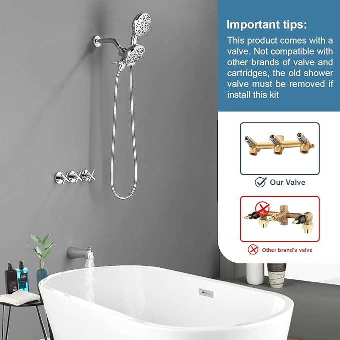 3 Handle Shower Faucet Set with Tub Spout Bathtub Shower Faucet Combo Set Shower System Complete Tub and Shower Trim Kit Chrome Polished Wall Mounted Shower Fixtures - Image 2