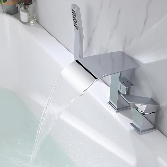 Waterfall Roman Tub Faucet with Hand Shower, Deck Mount Tub Filler Bathtub Faucet with Sprayer, Single Handle Bathtub Faucet Set, Brass Widespread 3 Hole Bathtub Shower Faucet Set, Chrome - Image 5