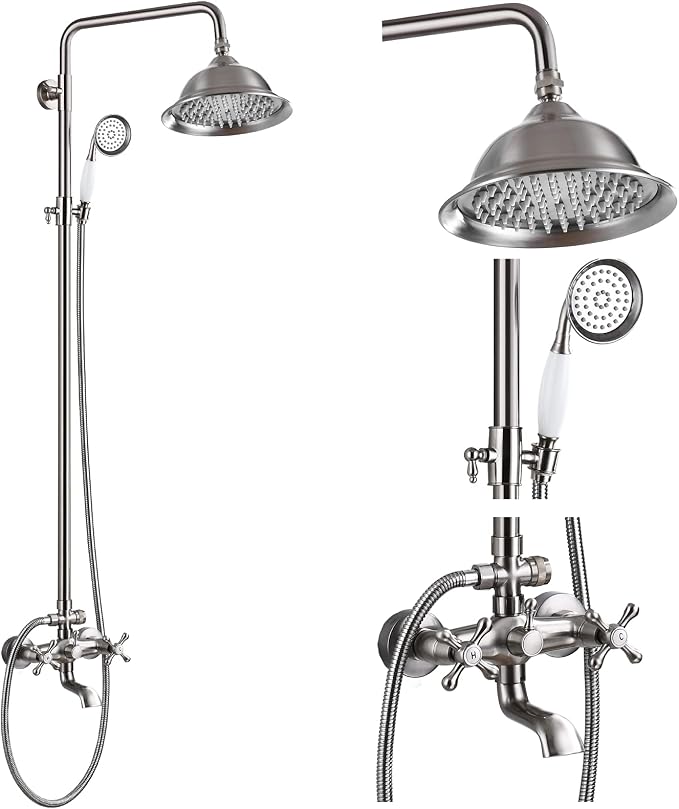 gotonovo Bathroom Exposed Shower Faucet Outdoor Shower System 8 Inch Rainfall Shower Head Set with Tub Spout and Handheld Spray Double Cross Handles Wall Mount without Shower Shelf Brushed Nickel by HOME