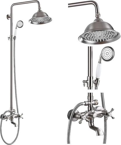 gotonovo Bathroom Exposed Shower Faucet Outdoor Shower System 8 Inch Rainfall Shower Head Set with Tub Spout and Handheld Spray Double Cross Handles Wall Mount without Shower Shelf Brushed Nickel by HOME