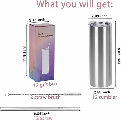 12 Pack 20 Oz Straight Skinny Tumblers,Individually Gift Boxed Stainless Steel Slim Skinny Tumbler Set Bulk, 20 Oz Insulated Slim Thin Travel Tumbler Cup for Diy, Silver - Image 7