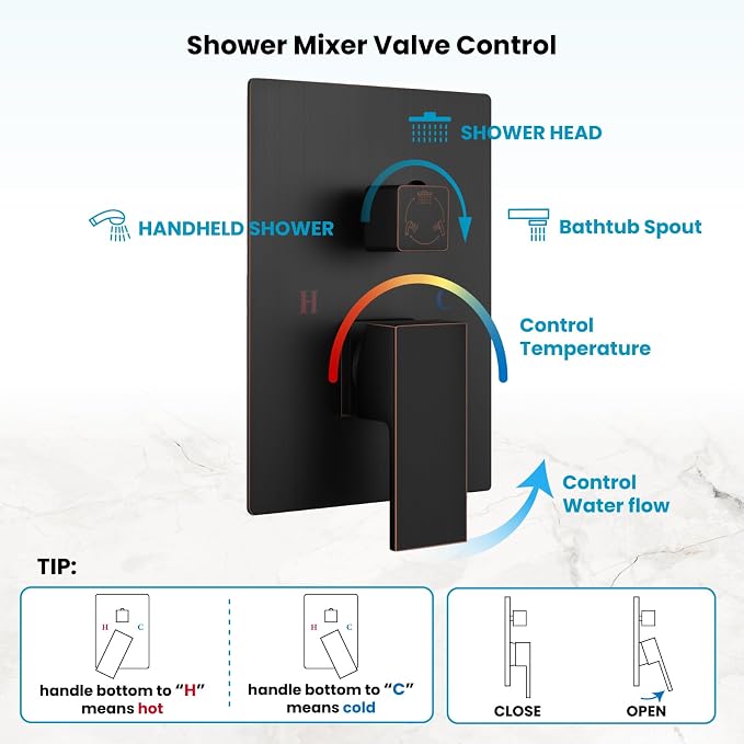 gotonovo 10'' Rain Shower Faucet System Rainfall Shower Head with Handheld Sprayer Waterfall Tub Spout Wall Mounted Mixer Combo Rough-in Valve and Trim Included 5.7 Inch Wide Spout Oil Rubbed Bronze - Image 4