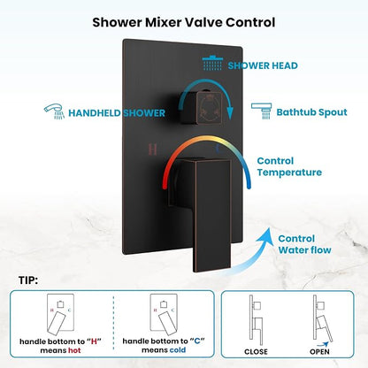 gotonovo 10'' Rain Shower Faucet System Rainfall Shower Head with Handheld Sprayer Waterfall Tub Spout Wall Mounted Mixer Combo Rough-in Valve and Trim Included 5.7 Inch Wide Spout Oil Rubbed Bronze - Image 4