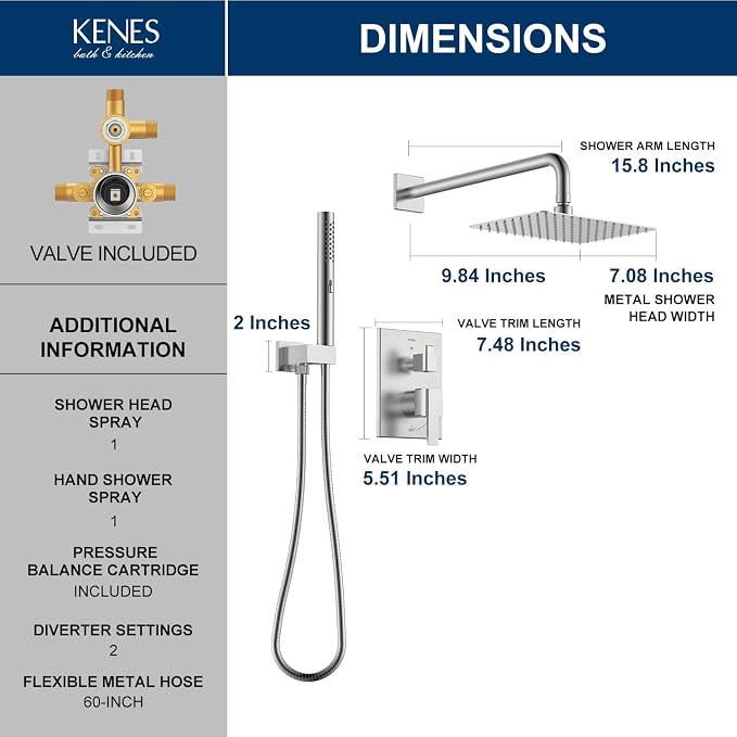 KENES Square Rainfall Shower System Faucet Set, Brushed Nickel Rain Shower Head and Handle Set, 10 Inch Stainless Shower Head with Handheld Spray (Shower Valve Included), LJ-6026A - Image 6