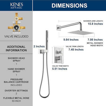 KENES Square Rainfall Shower System Faucet Set, Brushed Nickel Rain Shower Head and Handle Set, 10 Inch Stainless Shower Head with Handheld Spray (Shower Valve Included), LJ-6026A - Image 6