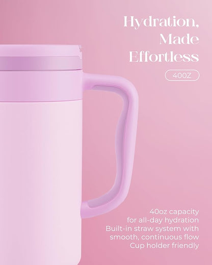 40 oz Insulated Tumbler with Handle and Push-Button Straw Lid, Stainless Steel Travel Cup for Gym Office, Leakproof, BPA-Free, Cup Holder Friendly, Bow Silicone Boot, Purple (Light Lilac) - Image 5