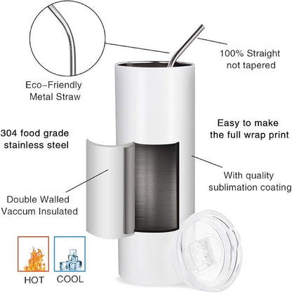 PYD Life 12 Pack Sublimation Tumblers Blanks Skinny White 20 OZ Straight Bulk Stainless Steel Cups with Metal Straw and Lid for Tumbler Heat Press Machine Sublimation Print - Image 2
