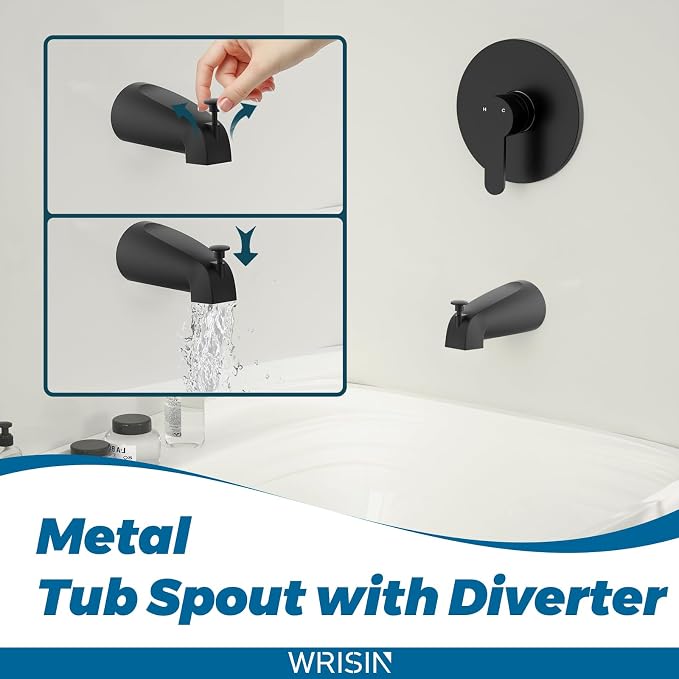 WRISIN Black Shower Faucet Set with Tub Spout, Black Shower Head and Handle Set, Bathtub Faucet Set with 6 Inch High-Pressure Rain Showerhead - Image 4