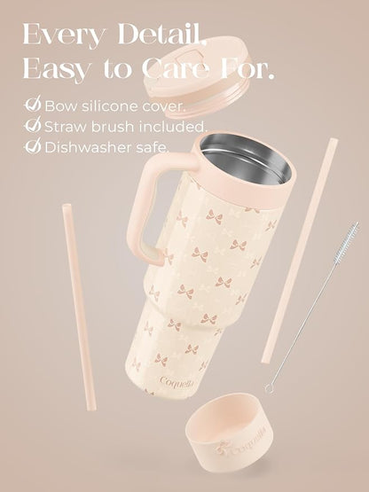 40 oz Insulated Tumbler with Handle and Push-Button Straw Lid, Stainless Steel Travel Cup for Gym Office, Leakproof, BPA-Free, Cup Holder Friendly, Bow Silicone Boot, Cream (Bow Cream) - Image 6