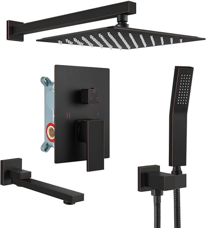 gotonovo Rainfall Tub Shower Faucet Set Bathroom Shower System with Tub Spout Wall Mount Square High Pressure Shower Fixtures with Handheld Sprayer Rough-In Valve 10'' Shower Head,Oil Rubbed Bronze by HOME