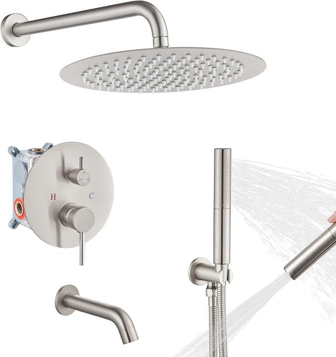 Airuida 3-Function Rain Shower System Set – Wall Mount Tub Shower Combo with Handheld Shower and Tub Spout,12 Inch Shower Head,Brushed Nickel by Airuida