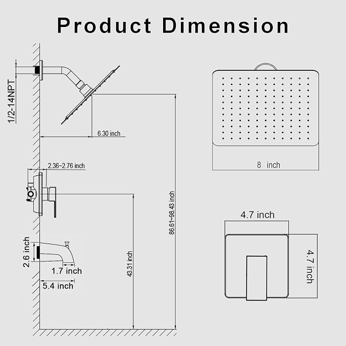 Shower Faucet Set with Tub Spout, 8 Inch Square Wall Mounted Rainfall Shower Head with Rough-in Valve Body, Bathroom Shower Trim Kit Single Function RV Shower System(Matte Black) - Image 4
