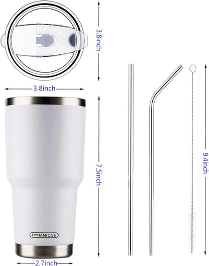 D·S 30oz White Tumbler Stainless Steel Double Wall Vacuum Insulated Mug with Straw and Lid, Cleaning Brush for Cold and Hot Beverages (30oz White) - Image 2