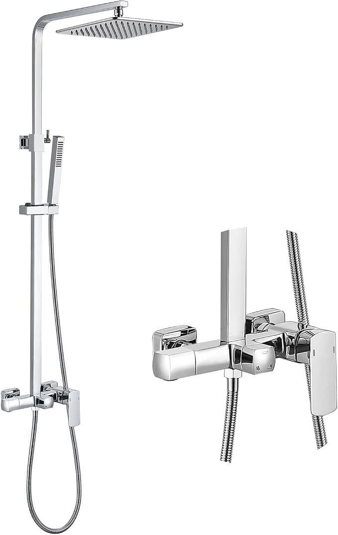 RBROHANT Polished Chrome Exposed Shower System with Tub Spout, Exposed Shower Fixtures for Bathroom with Brass 3-Functional Valve, Height Adjustable, Wall Mounted by RBROHANT
