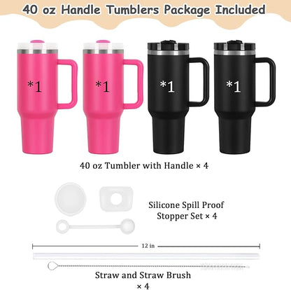 4 Pack 40 Oz Tumblers with Handle Bulk, Double Wall Vacuum Insulated Stainless Steel Tumblers with Lid and Straw, 40 oz Cup with Silicone Spill Proof Stopper Set (Black-2,Hot Pink-2) - Image 5