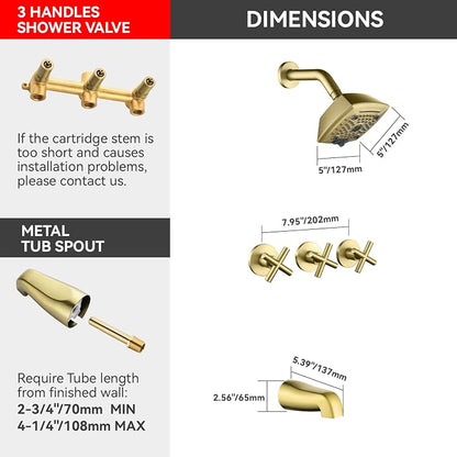 3 Handle Shower Faucet Set with Tub Spout 6-Spray Shower Head and Handle Set Shower Trim Kit with Rough-in Valve Bathroom Shower Faucet Valve Trim Kit Shower System Brushed Gold - Image 3