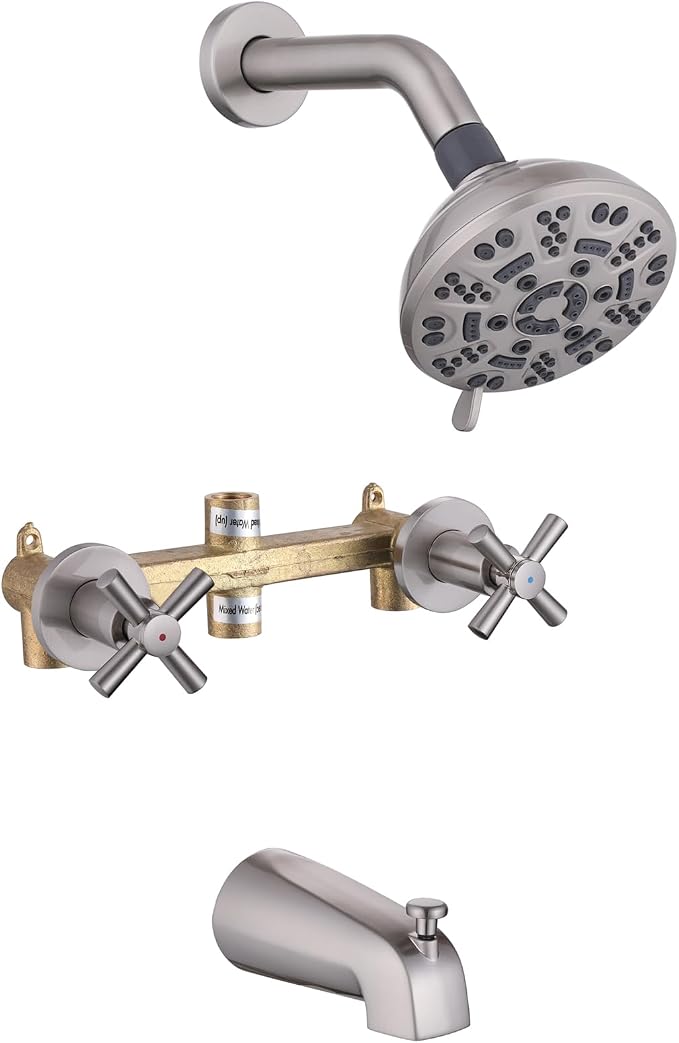 2 Handles Shower Faucet Set with Tub Spout Bathtub Shower Faucet Combo Set Shower System Complete Tub and Shower Trim Kit Wall Mounted Shower Fixtures Brushed Nickel by YANCASENO