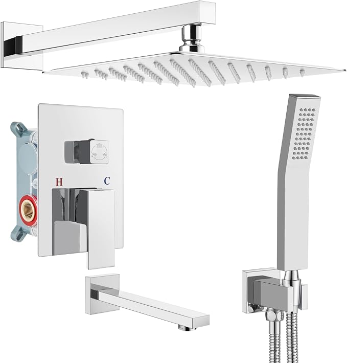 gotonovo Shower System with Tub Spout Wall Mounted Rain Shower Head and Handle Combo Shower Faucet Set with Valve, 10 Inch, Polish Chrome by HOME