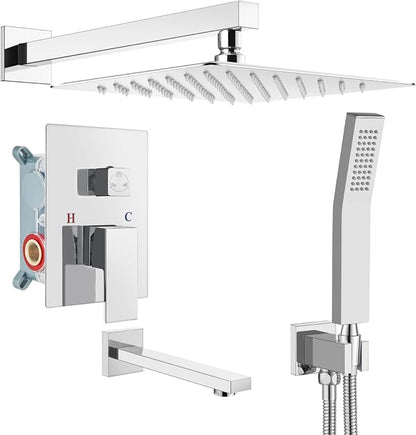 gotonovo Shower System with Tub Spout Wall Mounted Rain Shower Head and Handle Combo Shower Faucet Set with Valve, 10 Inch, Polish Chrome by HOME