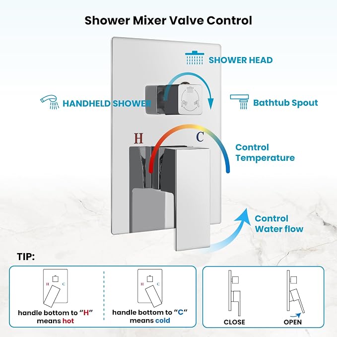 gotonovo Shower System with Tub Spout,Waterfall Tub Shower Faucet Set for Bathroom Head and Handle Set Wall Mounted 3 Function Rough-in Valve and Trim Included 10 inch Shower Head Polished Chrome - Image 6