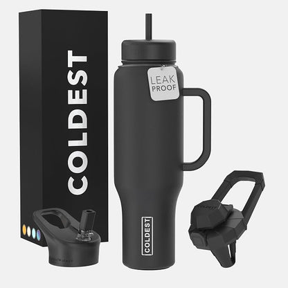 Coldest Tumbler with Handle and Straw - 100% Leak Proof Insulated Tumbler with Lid and Straw (3 Lids) - Stainless Steel Tumblers for Women & Men - Cup Holder Friendly Base, 46 oz (Stealth Black) by Coldest