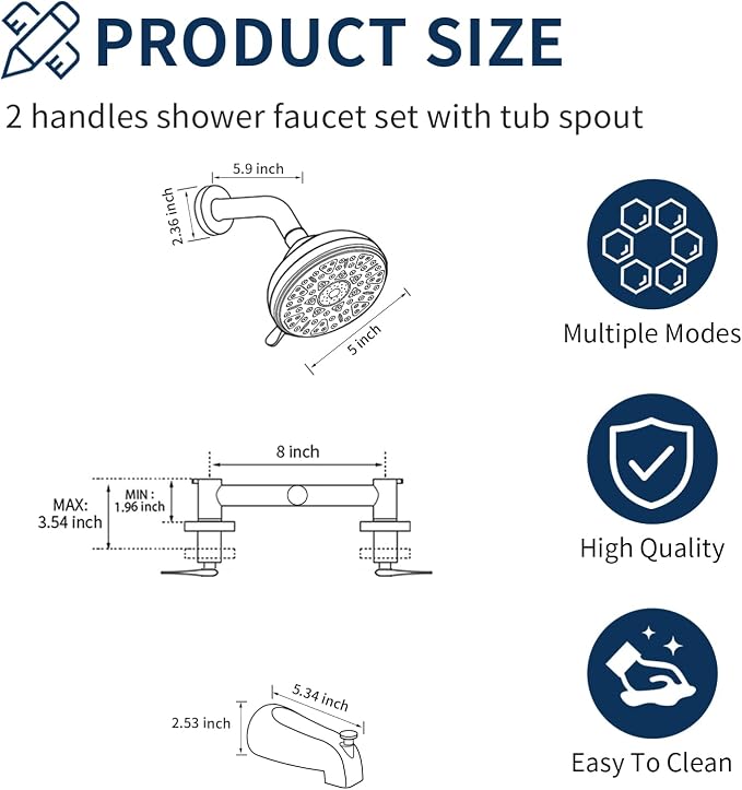 2 Handle Shower Faucet Set with Tub Spout Bathtub Shower Faucet Combo Set Shower System Complete Tub and Shower Trim Kit Wall Mounted Shower Fixtures Brushed Nickel - Image 7