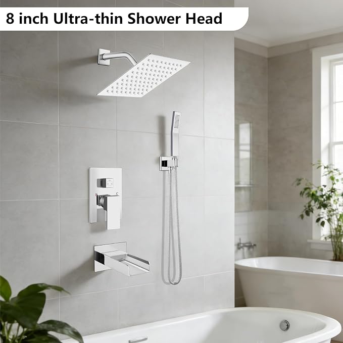 Midanya Rain Shower System Tub Shower Faucet Set Square Rainfall Waterfall Shower Head with Handheld Sprayer Tub Spout Combo Wall Mounted bathtub faucet set Rough-in Valve, 8 Inch Polish Chrome - Image 2