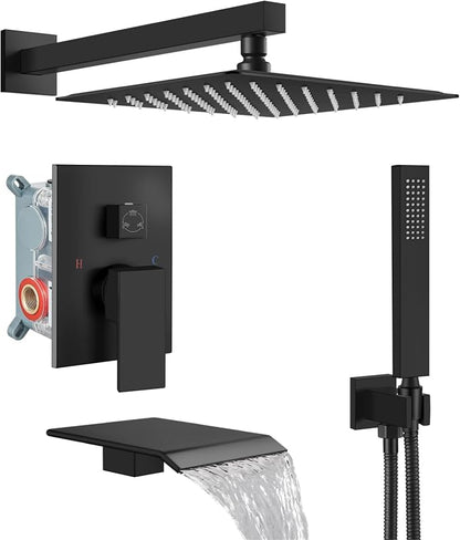 Midanya Rain Shower System with Tub Spout,Tub Shower Faucet Set with rainfall Shower Head and Handheld Spray,Wall Mount Tub Shower Combo Rough-in Valve Included,8 Inch Matte Black by Midanya