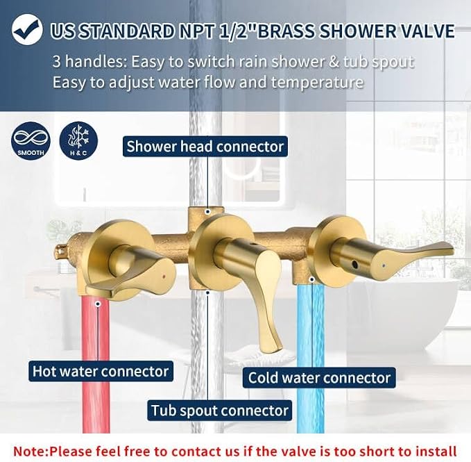 3 Handles Shower Faucet Set with Tub Spout Bathtub Shower Faucet Combo Set Shower System Complete Tub and Shower Trim Kit Brushed Gold Wall Mounted Shower Fixtures - Image 5