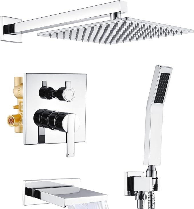 Shower System with Tub Spout, All Metal Bathtub Shower Faucet Set with High Pressure 10 Inch Rain Shower Head and Handheld Shower Head Set, Chrome (Valve Include) by RFSUNUAN