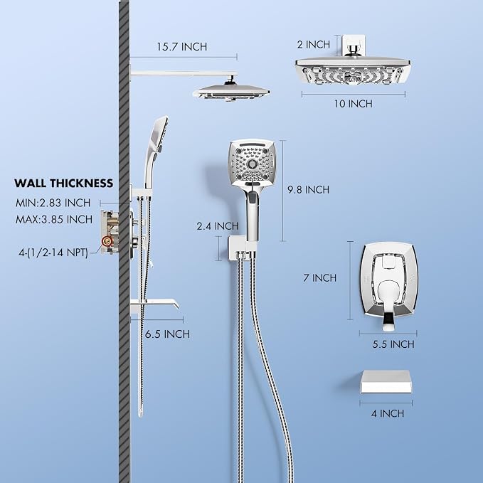 ELLO&ALLO Shower Faucet Set Mixing Valve and Trim Kit, Complete Shower System with Tub Spout, Chrome - Image 5
